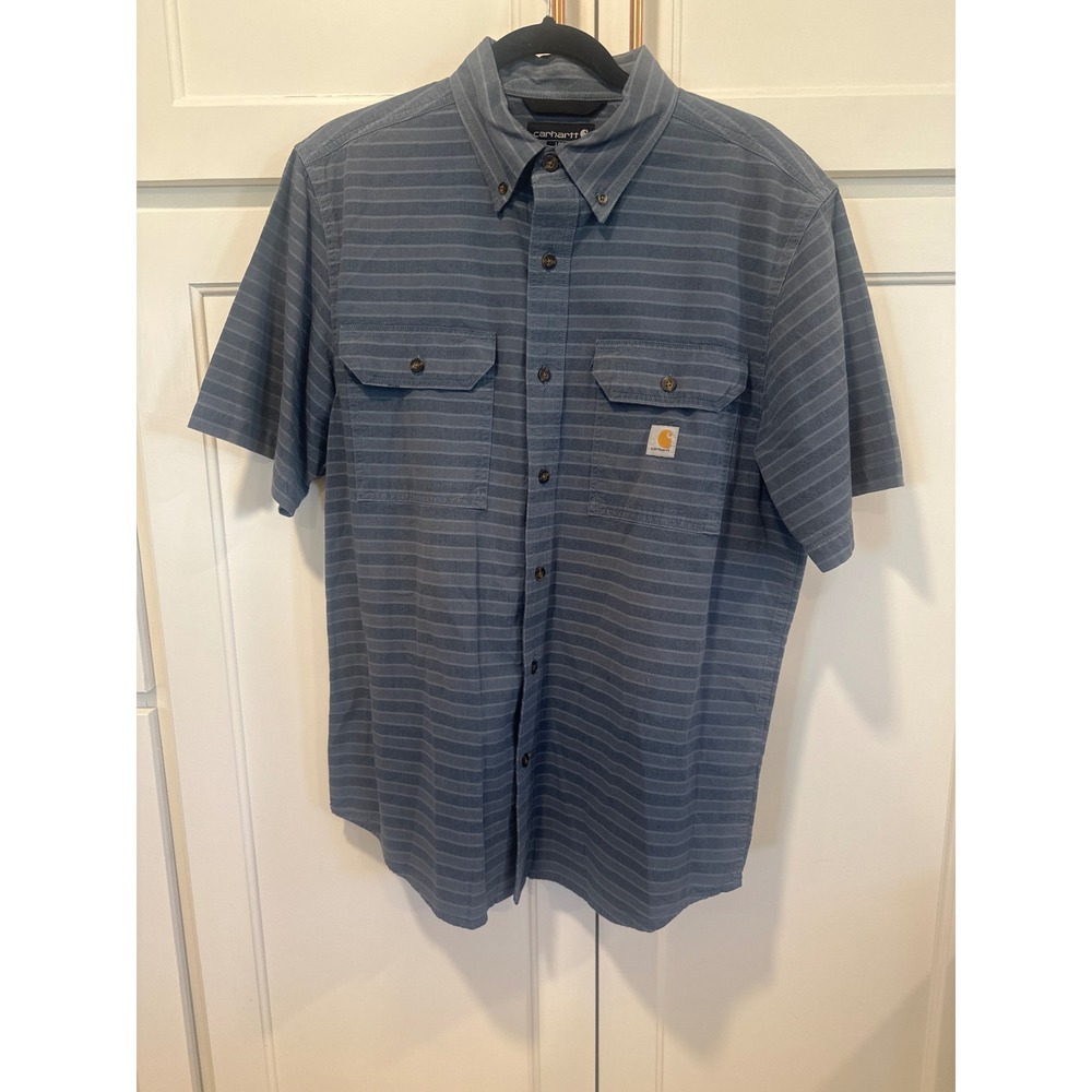 Carhartt Mens Loose Fit Short Sleeve Button Down Stripe Shirt Blue M work wear